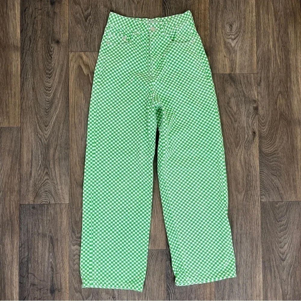 Shekou Women Size XS Linen Green Checkered Straight Leg High Waisted Trousers